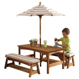 KidKraft Ogrodowy drewniany Stół z ławkami i parasolem w kolorze beżowym