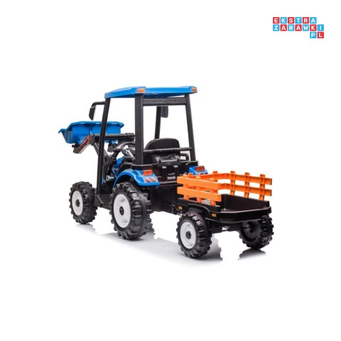[JS3158B] Mega traktor D68 2x200W 24V/10Ah z łyżką i przyczepką ekoskóra, pilot, LED - niebieski