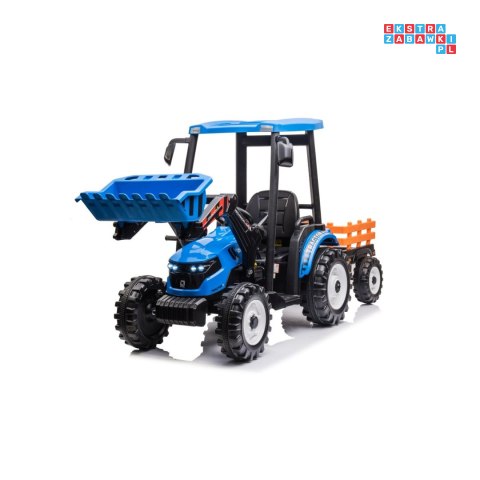 [JS3158B] Mega traktor D68 2x200W 24V/10Ah z łyżką i przyczepką ekoskóra, pilot, LED - niebieski