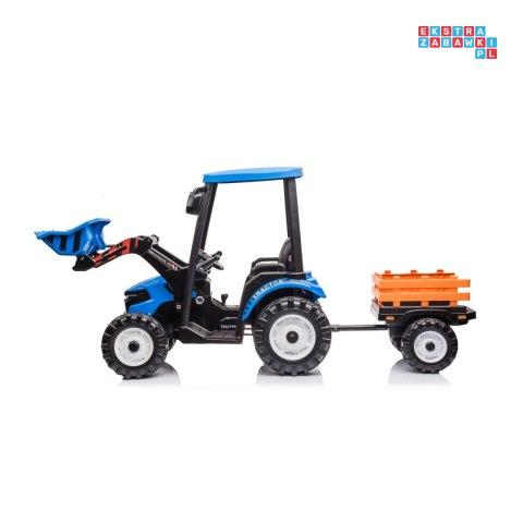 [JS3158B] Mega traktor D68 2x200W 24V/10Ah z łyżką i przyczepką ekoskóra, pilot, LED - niebieski