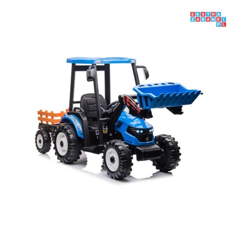 [JS3158B] Mega traktor D68 2x200W 24V/10Ah z łyżką i przyczepką ekoskóra, pilot, LED - niebieski
