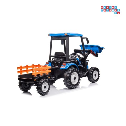 [JS3158B] Mega traktor D68 2x200W 24V/10Ah z łyżką i przyczepką ekoskóra, pilot, LED - niebieski