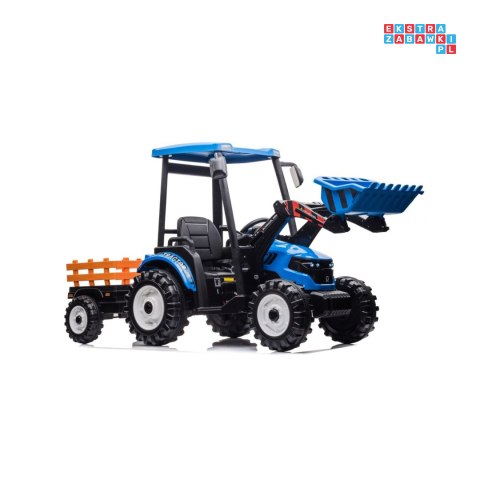 [JS3158B] Mega traktor D68 2x200W 24V/10Ah z łyżką i przyczepką ekoskóra, pilot, LED - niebieski