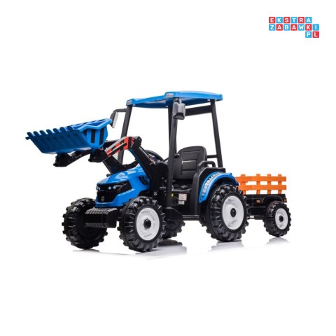 [JS3158B] Mega traktor D68 2x200W 24V/10Ah z łyżką i przyczepką ekoskóra, pilot, LED - niebieski