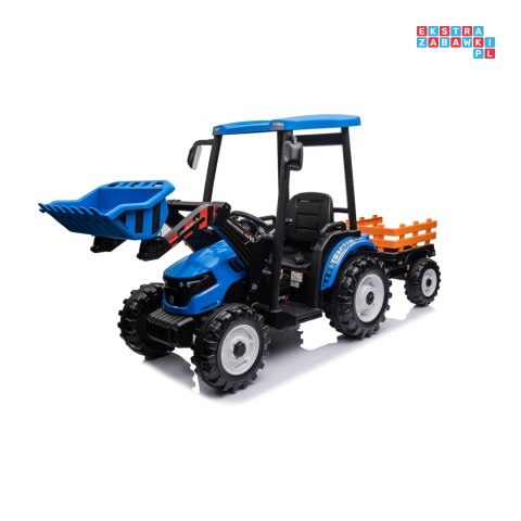 [JS3158B] Mega traktor D68 2x200W 24V/10Ah z łyżką i przyczepką ekoskóra, pilot, LED - niebieski