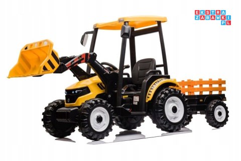 [JS3158B] Mega traktor D68 2x200W 24V/10Ah z łyżką i przyczepką ekoskóra, pilot, LED - żółty