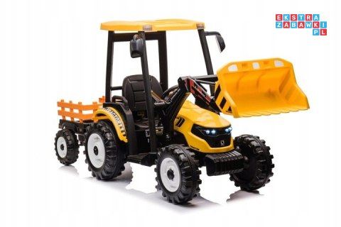 [JS3158B] Mega traktor D68 2x200W 24V/10Ah z łyżką i przyczepką ekoskóra, pilot, LED - żółty