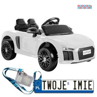 Białe Audi R8 Spyder na akumulator - 2x45W, Pilot, ekoskóra, EVA, LED