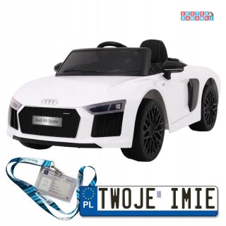Białe Audi R8 Spyder na akumulator - 2x45W, 12V/7Ah, Pilot, EVA, Wolny Start, MP3, LED - [JJ2198]