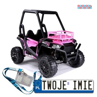 Różowe JS360-1 buggy na akumulator dwuosobowy - różowy, 2x200W, ekoskóra, koła EVA, LED, MP3, pasy [7471]