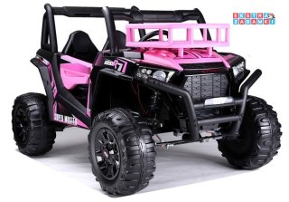 Różowe Auto JS360 na akumulator - różowy, 24V, 2X200W, Ekoskóra, EVA, LED, USB, MP3, Pasy