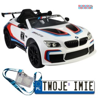 Białe BMW M6 GT3 na akumulator - Ekoskóra, 2x45W