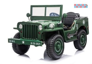 Zielony Wojskowy terenowy jeep JH101 na akumulator - 4x45W, 12V/14Ah, Ekoskóra, Pilot, MP3, EVA - [7456]
