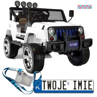 Białe Auto terenowe Jeep na akumulator - 4x45W, 12V/10Ah, Bluetooth, Ekoskóra, EVA, LED - [6587]