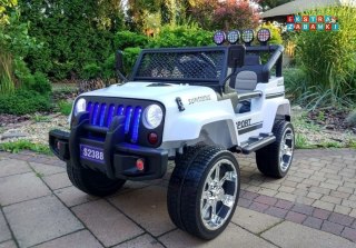 Białe Auto terenowe Jeep na akumulator - 4x45W, 12V/10Ah, Bluetooth, Ekoskóra, EVA, LED - [6587]
