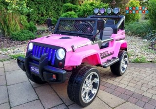 Różowe Auto terenowe Jeep na akumulator - 4x45W, 12V/10Ah, Bluetooth, Ekoskóra, EVA, LED - [6588]