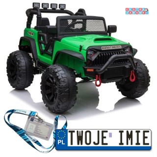Zielony Pojazd terenowy Jeep na akumulator - 2x200W, 24V/7Ah, ekoskóra, Bluetooth, EVA, LED - [6515]