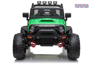 Zielony Pojazd terenowy Jeep na akumulator - 2x200W, 24V/7Ah, ekoskóra, Bluetooth, EVA, LED - [6515]