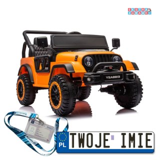 Pomarańczowe Auto terenowe YSA8813 na akumulator - 2x90W, 24V/7Ah, ekoskóra, EVA, pasy, Bluetooth, USB, LED - [19938]