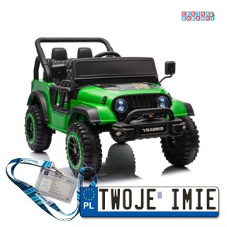 Zielone Auto terenowe YSA8813 na akumulator - 2x90W, 24V/7Ah, ekoskóra, EVA, pasy, Bluetooth, USB, LED - [19936]