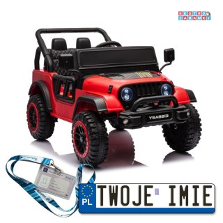 Czerwone Auto terenowe YSA8813 na akumulator - 2x90W, 24V/7Ah, ekoskóra, EVA, pasy, Bluetooth, USB, LED - [19935]
