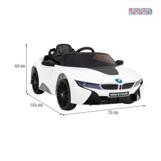 Białe BMW I8 Lift na akumulator - 2x35W, 12V/4.5Ah, Wolny Start, MP3, USB, LED - [JE1001]