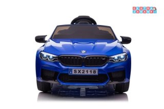 Niebieskie BMW M5 Drift Auto na akumulator - ekoskóra, koła EVA, wejście MP3, USB, LED