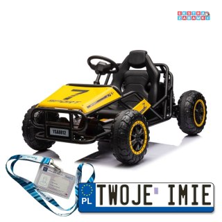 Buggy A8812 na akumulator dwuosobowy - żółty, 2x100W, 24V/14Ah, ekoskóra, pasy, koła EVA [19932]