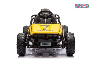 Buggy A8812 na akumulator dwuosobowy - żółty, 2x100W, 24V/14Ah, ekoskóra, pasy, koła EVA [19932]