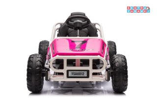 Różowy buggy A8812 na akumulator dwuosobowy - różowy, 2x100W 24V/14Ah, ekoskóra, pasy, EVA [19931]
