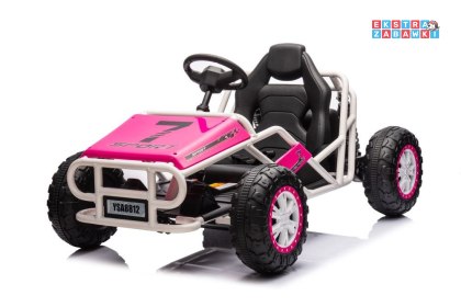 Różowy buggy A8812 na akumulator dwuosobowy - różowy, 2x100W 24V/14Ah, ekoskóra, pasy, EVA [19931]