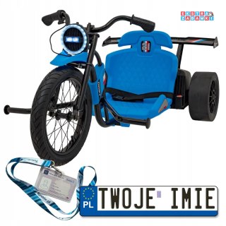 Niebieski Drift Bike na akumulator - 24V/10Ah, funkcja driftu, koła pompowane i plastikowe, do 70 kg, 5-punktowe pasy - [SX2338]