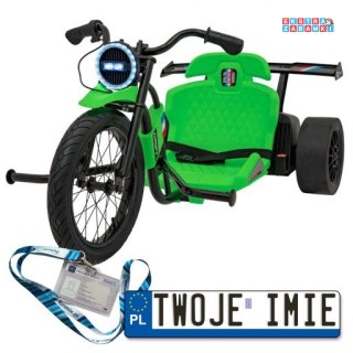 Zielony Drift Bike na akumulator - 24V/10Ah, funkcja driftu, koła pompowane i plastikowe, do 70 kg, 5-punktowe pasy - [SX2338]
