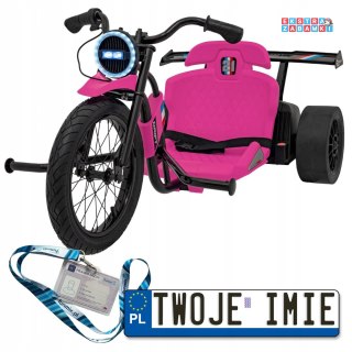 Różowy Drift Bike na akumulator - 24V/10Ah, funkcja driftu, koła pompowane, plastikowe, do 70 kg, 5-punktowe pasy - [SX2338]