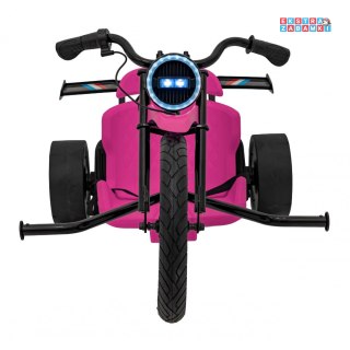 Różowy Drift Bike na akumulator - 24V/10Ah, funkcja driftu, koła pompowane, plastikowe, do 70 kg, 5-punktowe pasy - [SX2338]