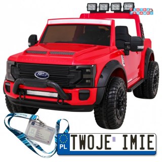 Czerwone Ford Super Duty na akumulator - 4x45W, 12V/14Ah, ekoskóra, EVA, LED - [SX2088]