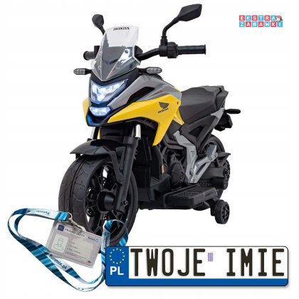 Żółty Motor Honda NC750x na akumulator - 2x35W, 12V/4.5Ah, odgłosy silnika, boczne kółka, bluetooth, MP3 - [TR2306]