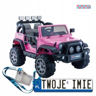 Różowy Jeep HP012 na akumulator - 2x45W, 12V/7Ah, Pilot, ekoskóra, koła EVA, MP3, USB, pasy - [3950]