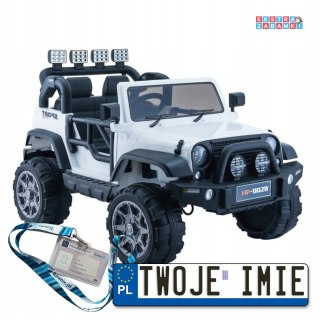 Biały Jeep HP012 na akumulator - 2x45W, 12V/7Ah, z Pilotem, ekoskóra, koła EVA, MP3, USB, pasy - [3949]