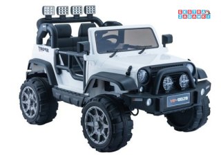 Biały Jeep HP012 na akumulator - 2x45W, 12V/7Ah, z Pilotem, ekoskóra, koła EVA, MP3, USB, pasy - [3949]