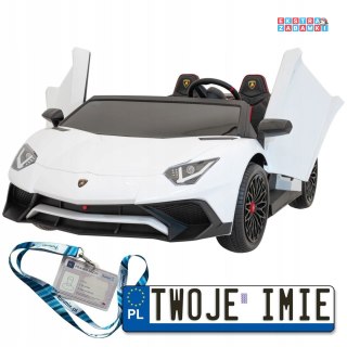 Białe Lamborghini Aventador SV na akumulator - 2x200W 24V/10Ah, pompowane koła, pilot, panel audio, LED - [A8803]