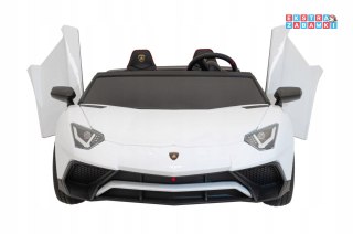 Białe Lamborghini Aventador SV na akumulator - 2x200W 24V/10Ah, pompowane koła, pilot, panel audio, LED - [A8803]
