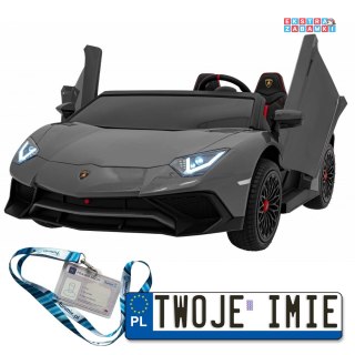 Szare Lamborghini Aventador SV na akumulator - 2x200W 24V/10Ah, pompowane koła, pilot, panel audio, LED - [A8803]