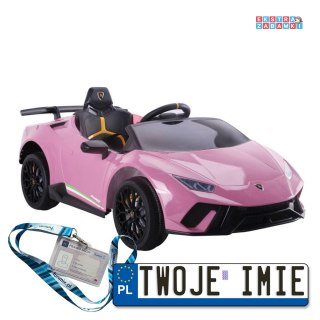 Różowe Lamborghini Huracan na akumulator - Ekoskóra, EVA, LED, Bluetooth, USB, Pasy