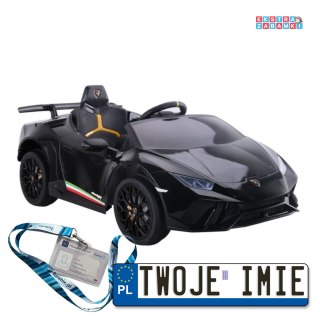 Czarne Lamborghini Huracan na akumulator - 4x45W, 12V/4.5Ah, ekoskóra, EVA, LED, Bluetooth, USB, pasy - [6573]