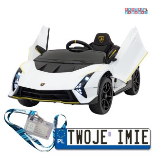 Białe Lamborghini Invencible na akumulator - 4x35W, 12V/7Ah, ekoskóra, EVA, USB, MP3, Bluetooth - [S319]