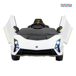 Białe Lamborghini Invencible na akumulator - 4x35W, 12V/7Ah, ekoskóra, EVA, USB, MP3, Bluetooth - [S319]