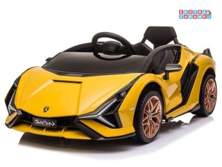 Żółte Lamborghini sian na akumulator - ekoskóra, koła EVA, wejście MP3, USB