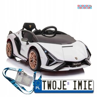 Białe Lamborghini sian na akumulator - ekoskóra, koła EVA, wejście MP3, USB