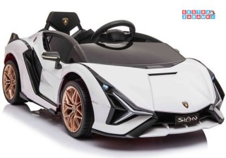 Białe Lamborghini sian na akumulator - ekoskóra, koła EVA, wejście MP3, USB